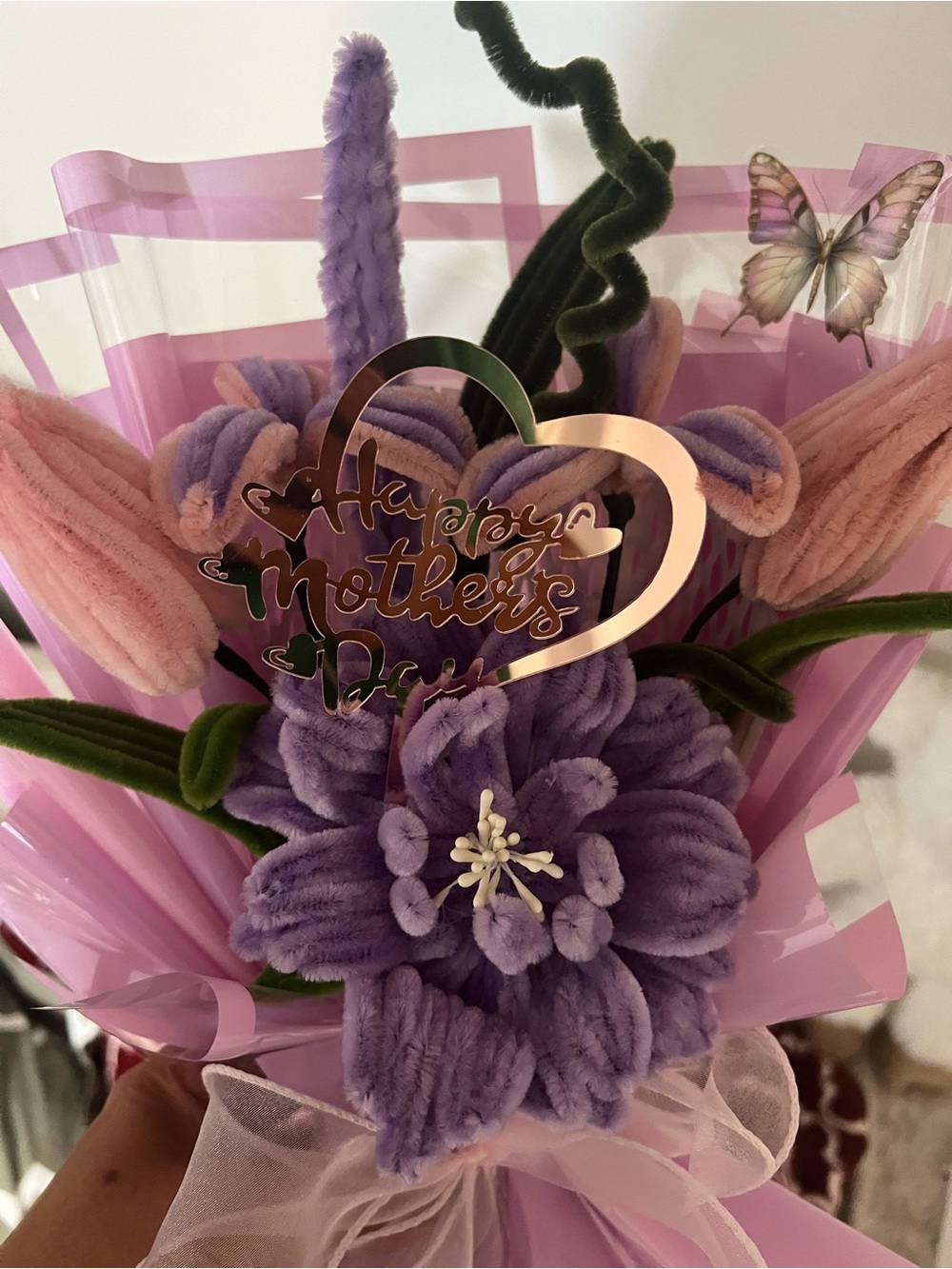 Fuzzy wire -  Purple & Pink Flower Bouquet - Mother's Day